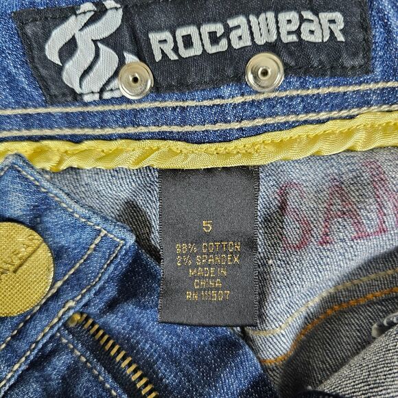 Y2K Rocawear Gold Chain Bling Denim Mini Skirt Blue Women's Size 5 Act 27x14 - Picture 6 of 8